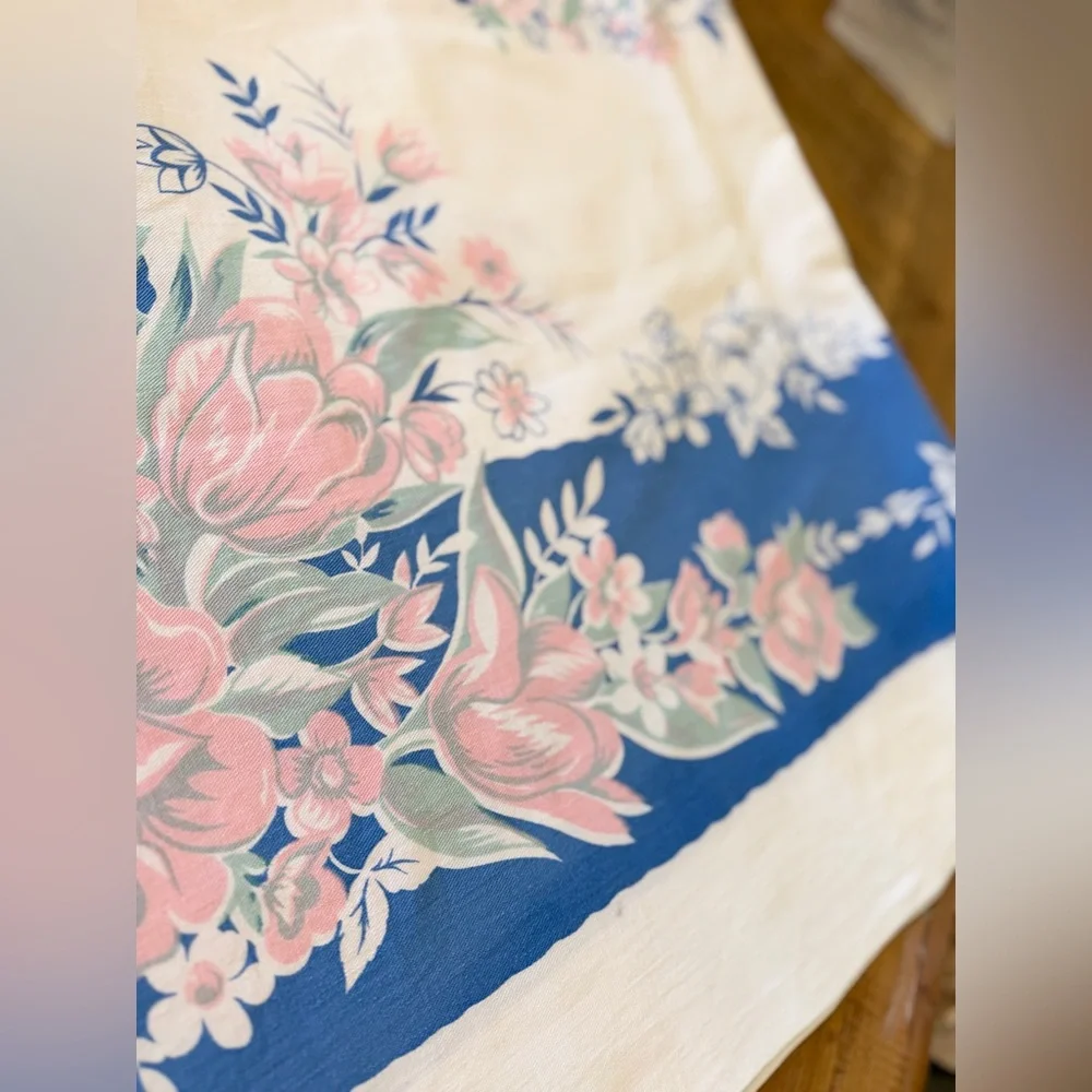 Vintage 1950’s Floral 51x45 Tablecloth. Pink | Blue Cottagecore | Simple Classic